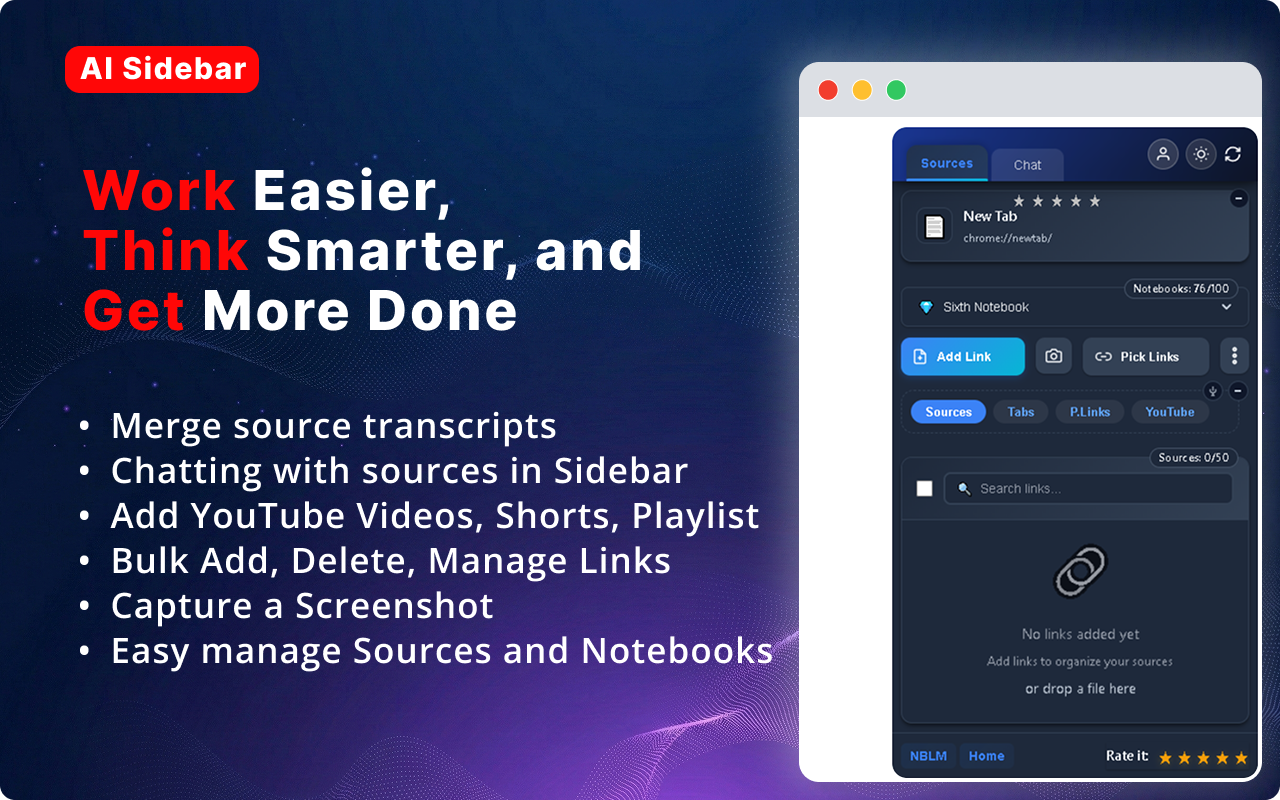 AI Sidebar extension interface showing NotebookLM integration with sources, chat, and YouTube features